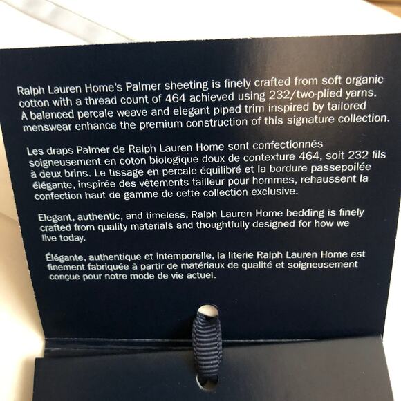 Ralph Lauren Organic Cotton Percale Palmer Full Flat Sheet White Pale Sky Blue - Picture 5 of 10